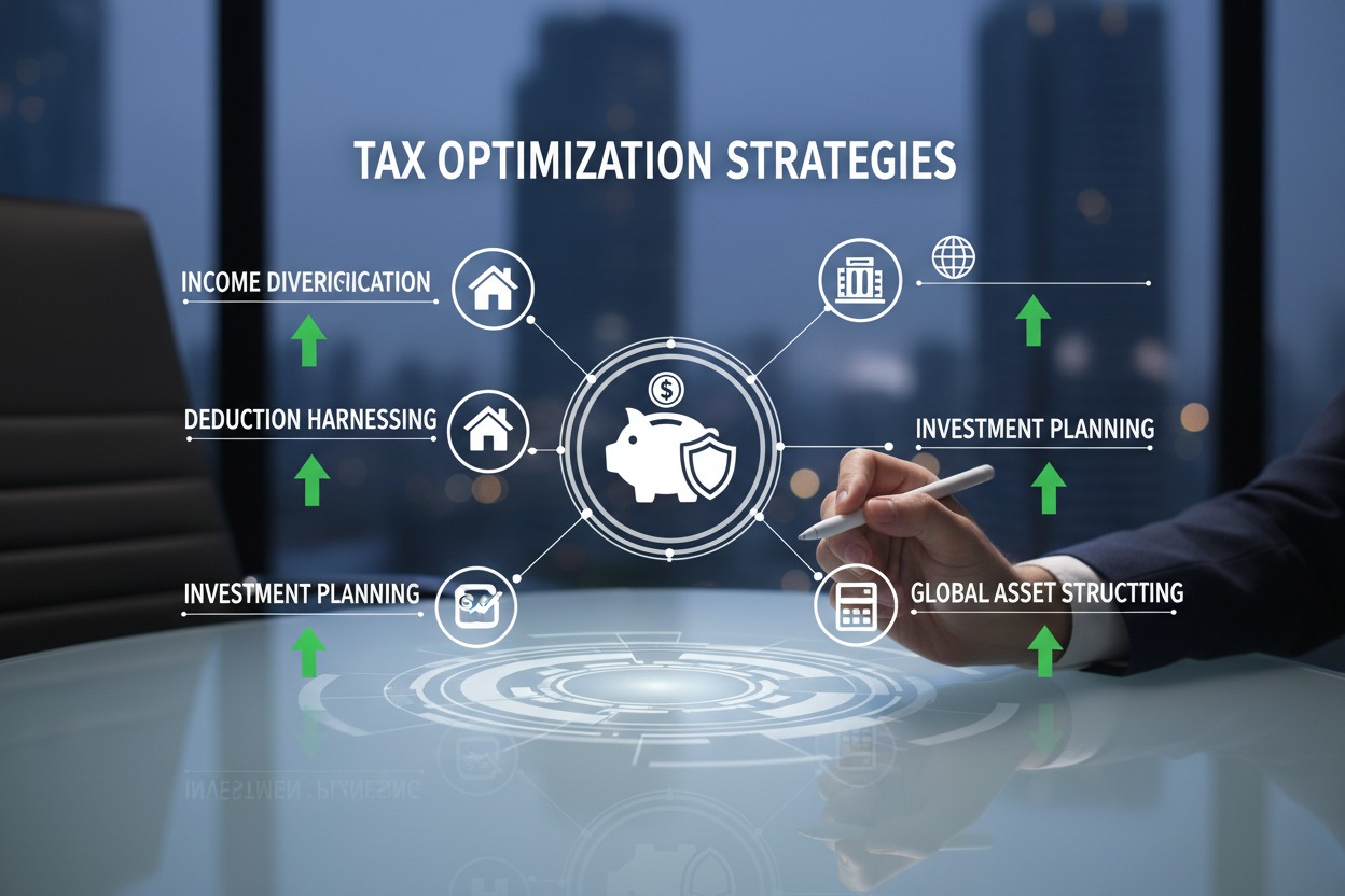 A business professional interacts with a digital interface displaying tax optimization strategies, including icons for income diversification, deduction harnessing, investment planning, and global asset structuring.